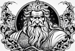 Zeus tattoo with lighting eyes, angry and holding lighting bolts tattoo idea