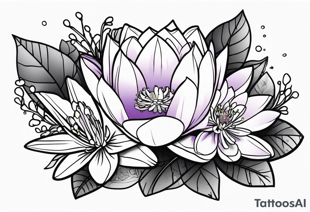 bouquet of violet, water lily, and holly tattoo idea