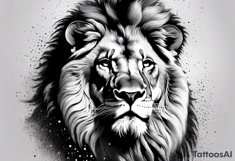 A roaring lion’s face with a flowing mane, emphasizing strength and courage, detailed fur textures tattoo idea