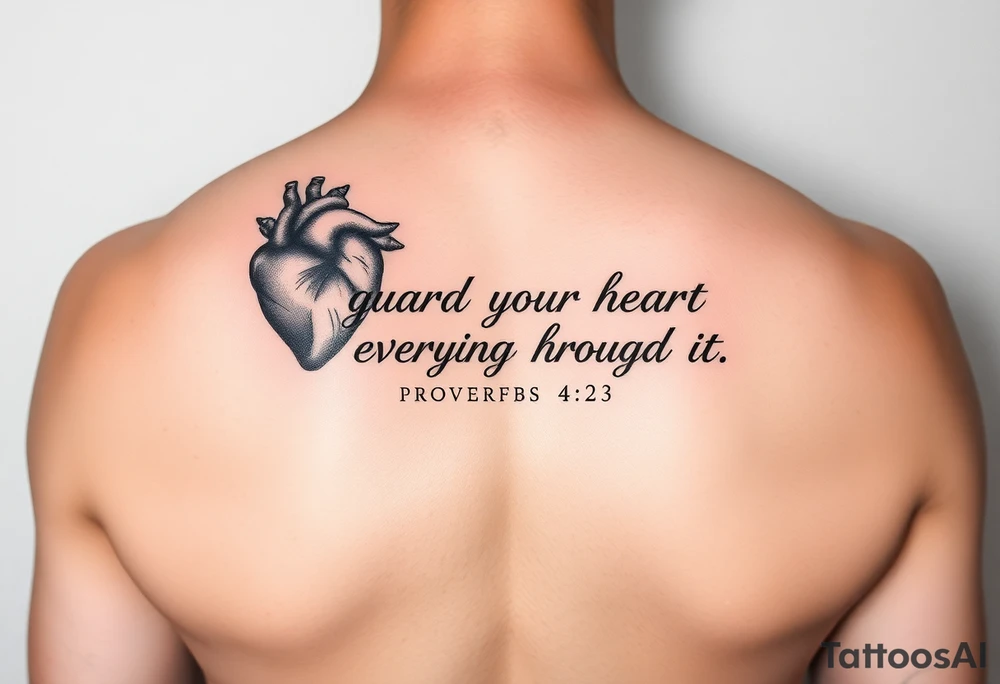 I want a tattoo with the Bible verse proverbs 4:23. The verse says “guard your heart as everything flows through it. Give me a smaller tattoo and somewhere on my arm tattoo idea