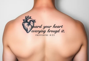 I want a tattoo with the Bible verse proverbs 4:23. The verse says “guard your heart as everything flows through it. Give me a smaller tattoo and somewhere on my arm tattoo idea