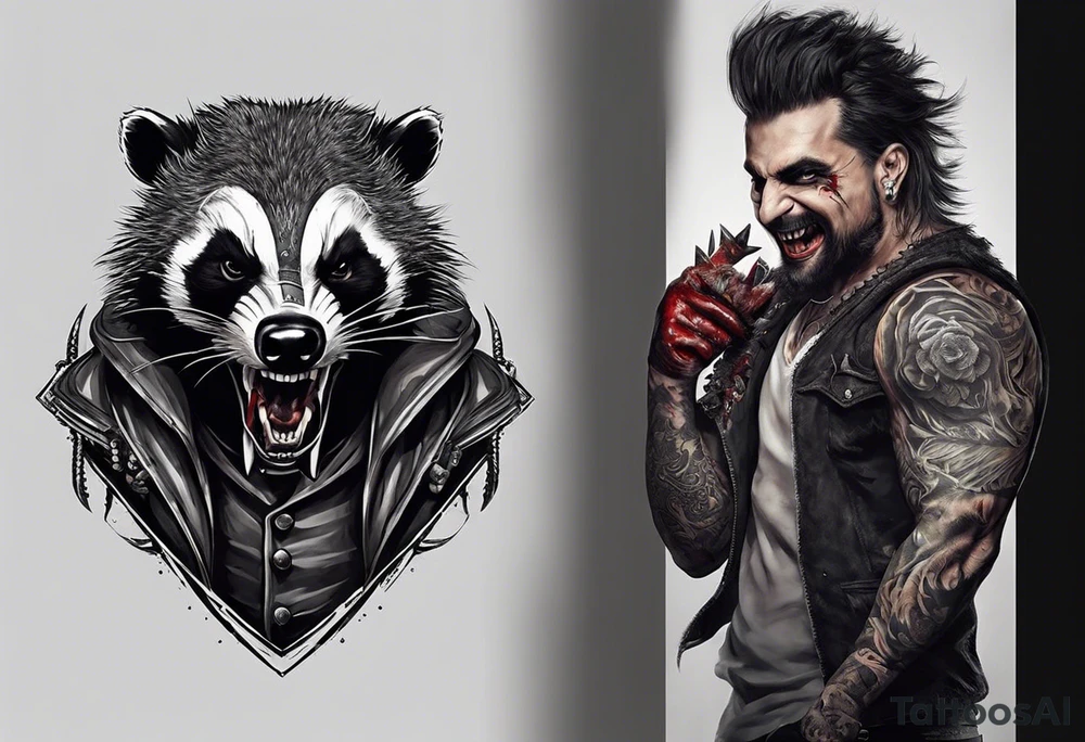 Draw me psychopath badger/Warrior with aggressive full body, killer face with a smile, very long nails and he attacks like a Bloody Warrior to us and also, he has very deadly looking. He fights with his nails. Everybody scares after their first sight. Give me horror type Badger Tattoo. tattoo idea