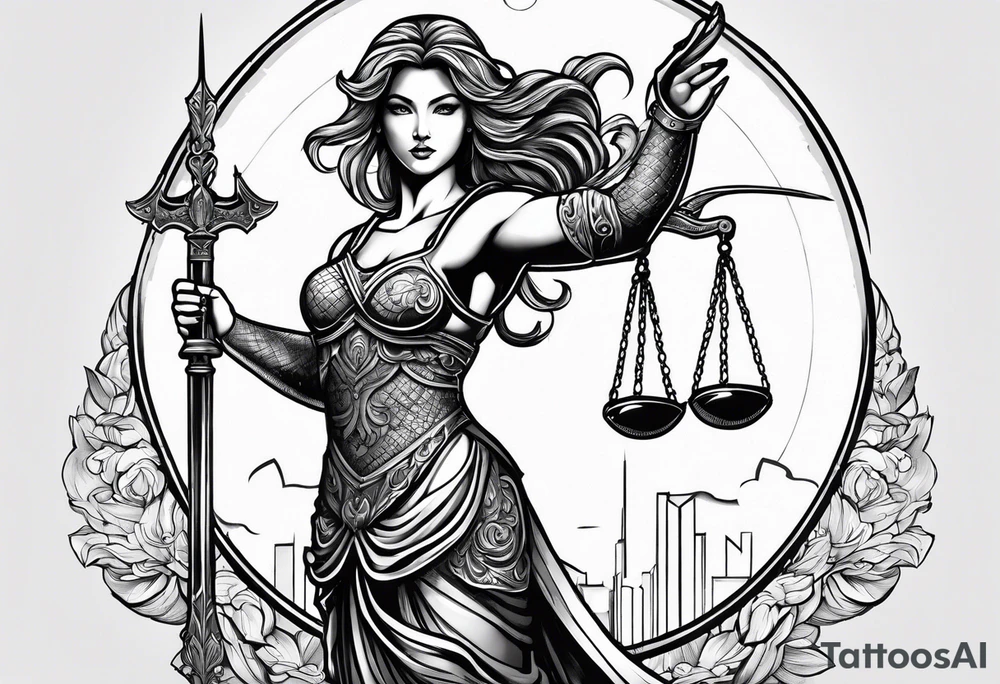 Nemesis, the goddess of justice, standing with sword and scale tattoo idea