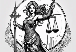 Nemesis, the goddess of justice, standing with sword and scale tattoo idea