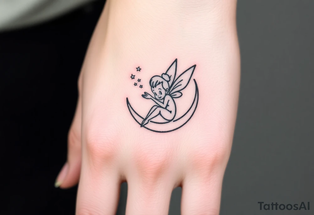 Tinkerbell sitting in a half moon thrown pixie dust tattoo idea