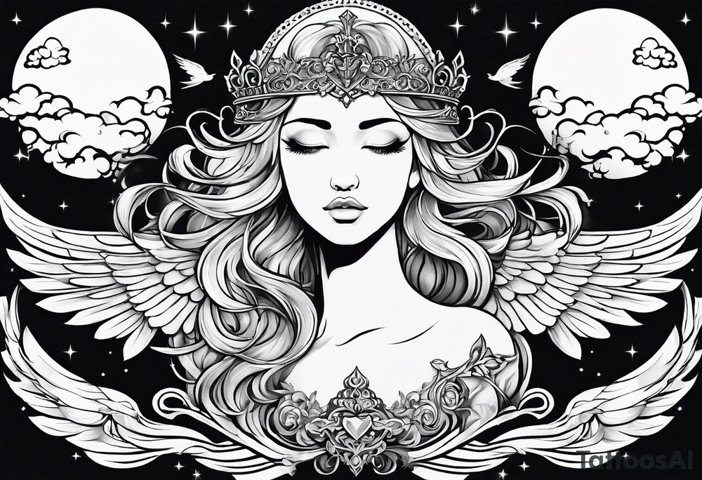 Neck tattoo angelic with a hint of space and angels and clouds and crown tattoo idea