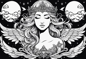 Neck tattoo angelic with a hint of space and angels and clouds and crown tattoo idea