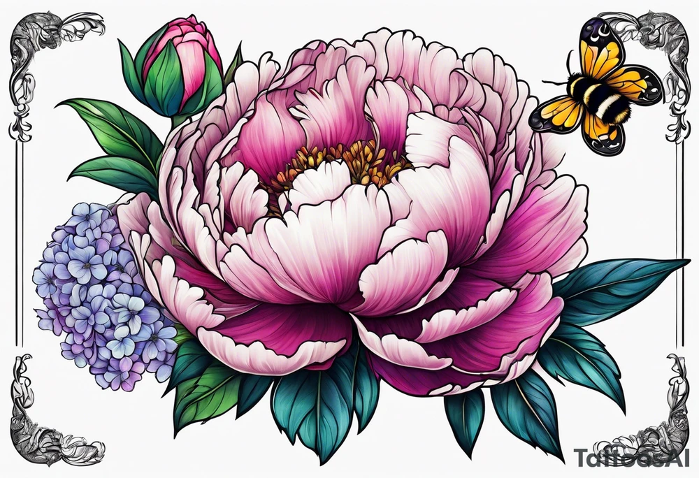 Vibrant peony with hydrangea and leaves and a bumblebee lilac flowers tattoo idea