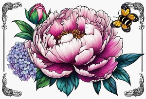 Vibrant peony with hydrangea and leaves and a bumblebee lilac flowers tattoo idea
