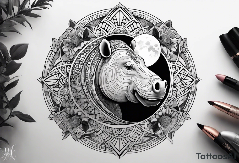 Very asymmetrical, +geometric pattern, with realistic full moon, with hippo at side look, +tribal, +geometric, +inkart , +blackwork, +grey scale, + sketch
with wintersweet flower bud, +portrait orientation, +inkart touch, tattoo idea