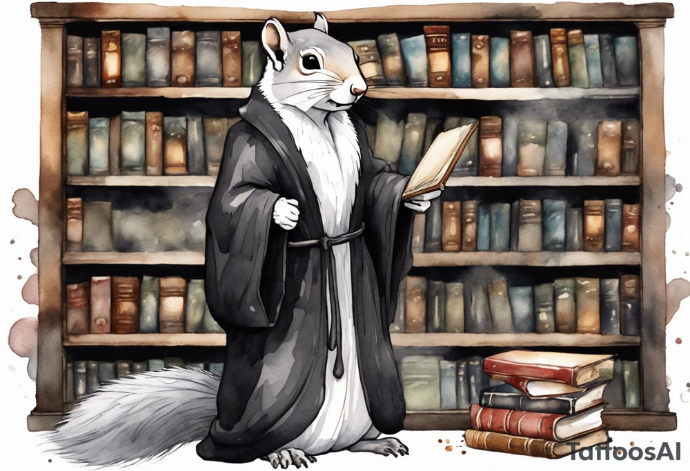 an elderly grey squirrel with a white beard and mustache wearing a black robe standing in an ancient library tattoo idea