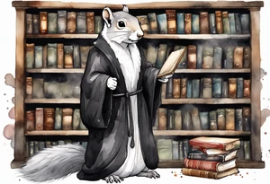 an elderly grey squirrel with a white beard and mustache wearing a black robe standing in an ancient library tattoo idea