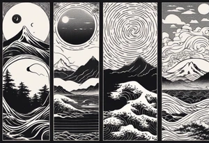 daytime yin with sun and ocean waves imagery in style of Hokusai with night time yin with moon and fir trees and mountains. edges should be blurred tattoo idea