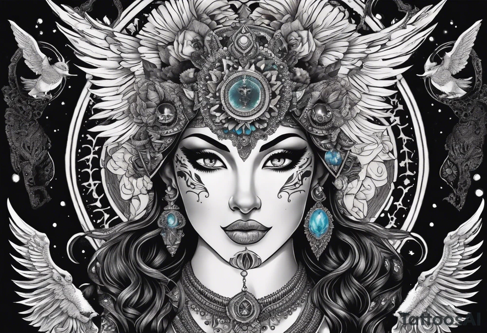 black kali, goddess pirate, alien, angel, pachamama, valkrye, warrior, flying, skull, lotus azul, wing, eagle, zenza resonance, stars, 5D, anahata chakra, death, durga, riding on a tiger, flying lady, kundalini, chest tatoo, samuri, rebel,serpent tattoo idea