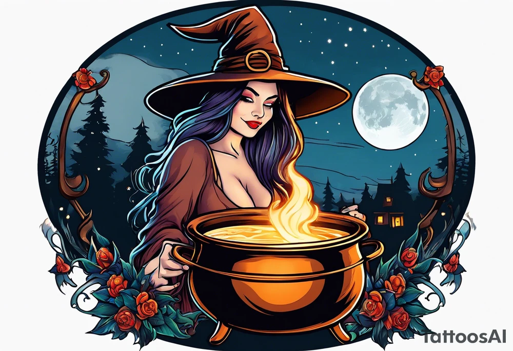 Witch stirring a cauldron under a full moon tattoo idea