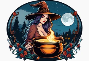 Witch stirring a cauldron under a full moon tattoo idea