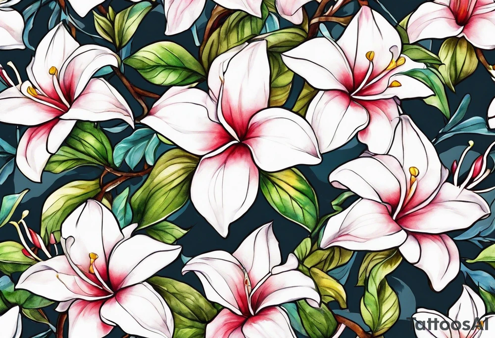 white background, abstract mandevilla flowers on a vine, part of it watercolor, part of it just line work tattoo idea