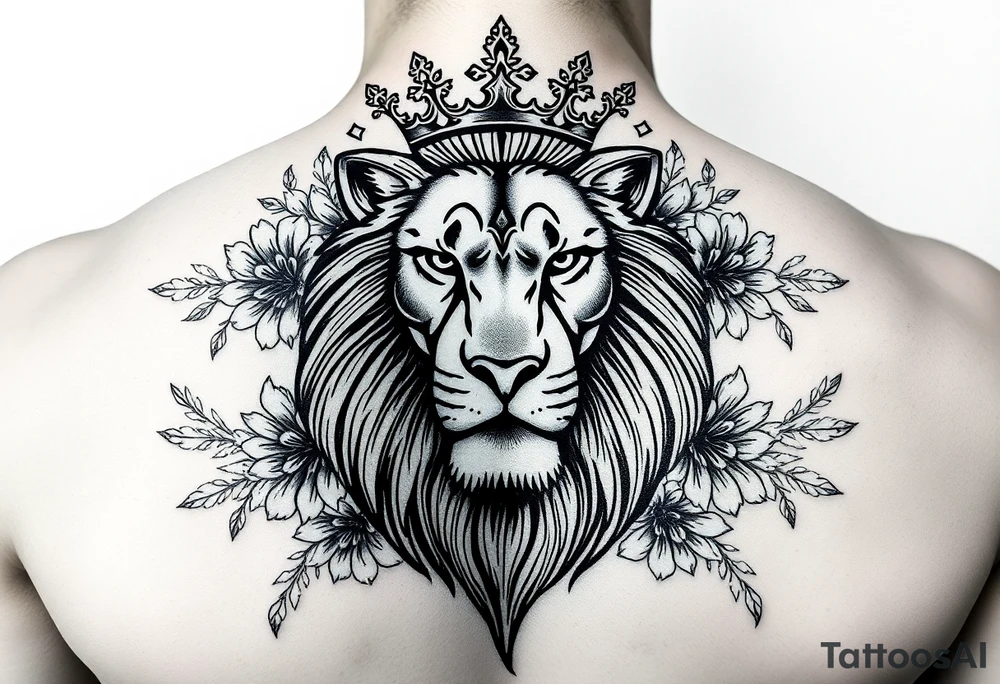 powerful majestic lion with a crown, surrounded by floral ornaments and birds tattoo idea