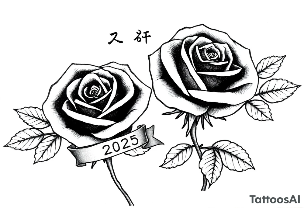 two beautiful rose buds, with leaves and stems, representing two people in love. Include a small banner with "2025" on it.  The word "Rose" written in Kanji above the drawing. tattoo idea