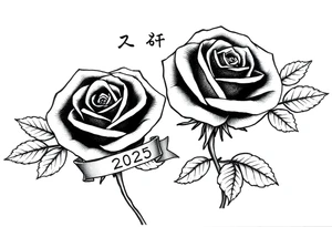 two beautiful rose buds, with leaves and stems, representing two people in love. Include a small banner with "2025" on it.  The word "Rose" written in Kanji above the drawing. tattoo idea