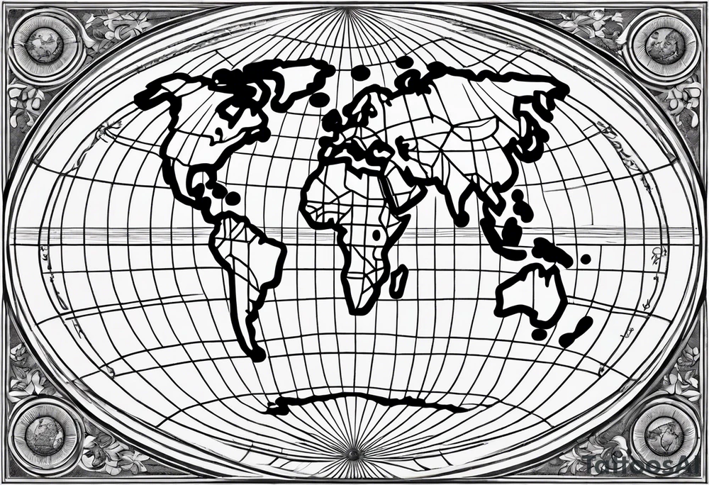 the earth on a flat map with no shading placed on a grid with only the lines with accurate depictions of the borders in countries while having it in an oval/circular position on a grid without any borders on the sides while having the countries not have such bold borders tattoo idea