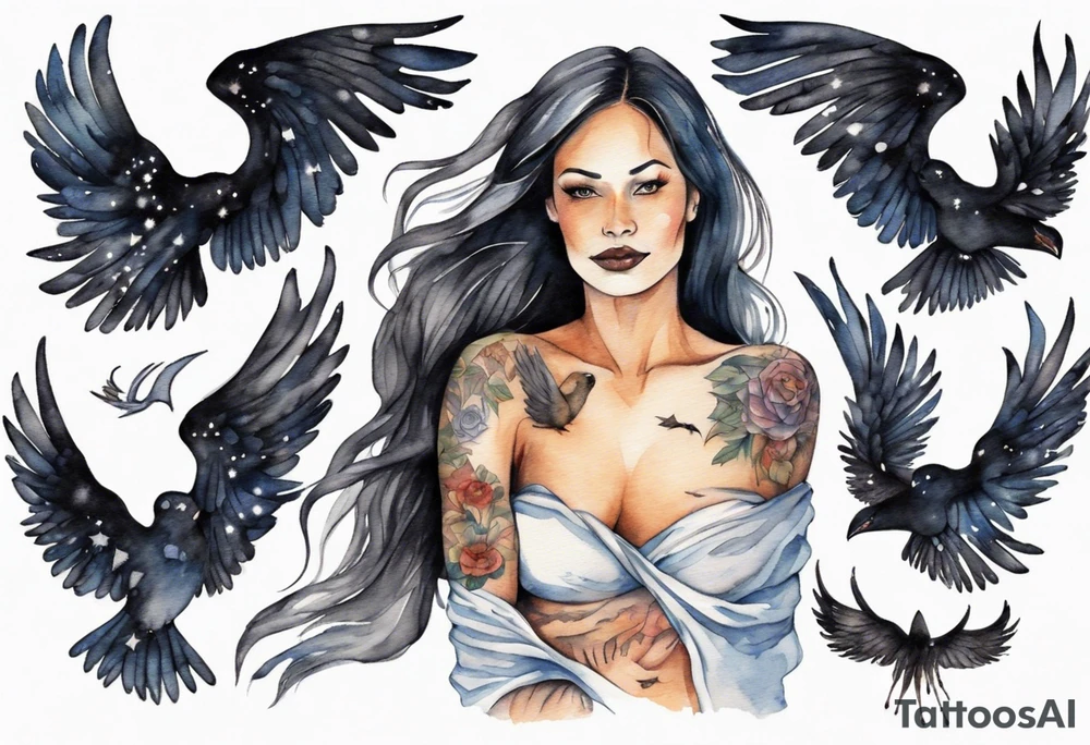 a beautiful 45 year old Dakota woman flying in the night sky with black wings and bare feet tattoo idea