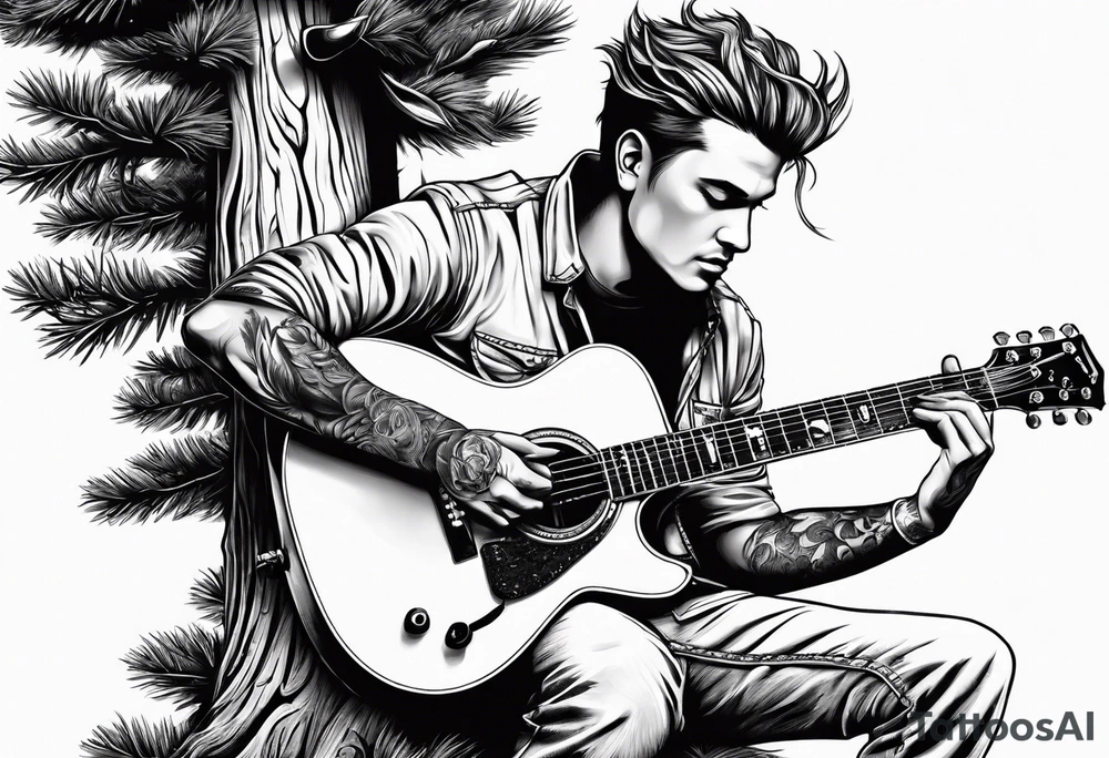 man playing electric guitar while sitting in a pine tree tattoo idea