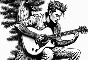 man playing electric guitar while sitting in a pine tree tattoo idea