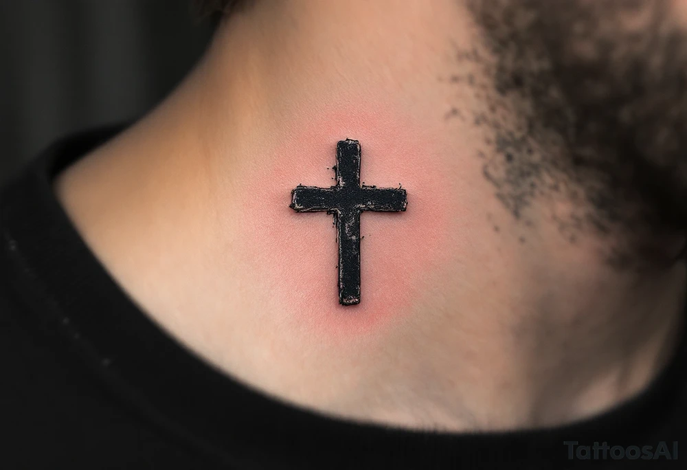 Grunge Black Cross – A tiny distressed, weathered black cross with subtle streaks of gray and silver to create a gritty, raw appearance. tattoo idea