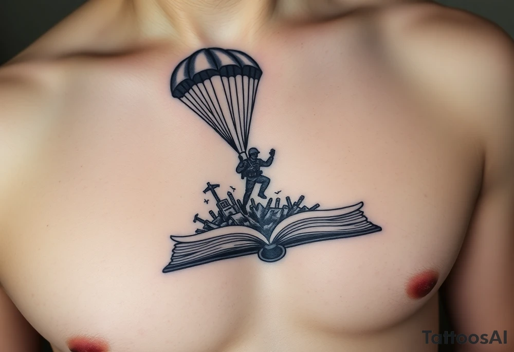 A parachuting soldier landing into an open book. Chaos surrounding, but the book is protecting the soldier from it. On the chest. Make the tattoo smaller. Make it thought provoking. Make the chaos in the environment be an eerie mist. Make the pages in the book be blank. Just one soldier, no other characters. the book is old. tattoo idea