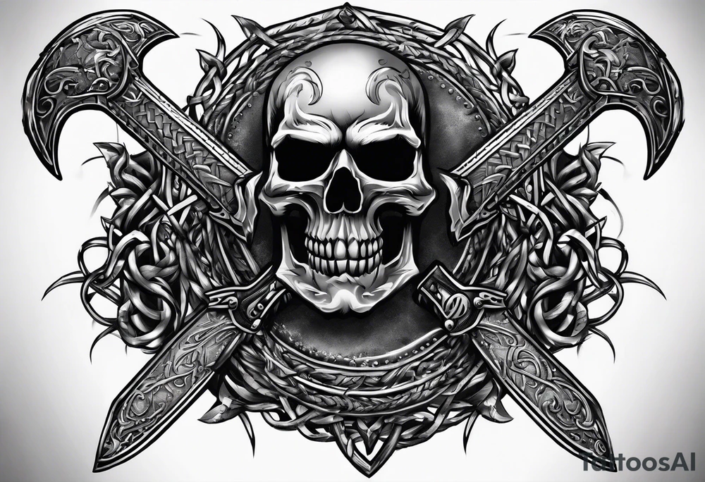 Valhalla sword shield axe barbed wire chains dark cloud tattoo idea