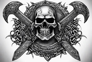 Valhalla sword shield axe barbed wire chains dark cloud tattoo idea