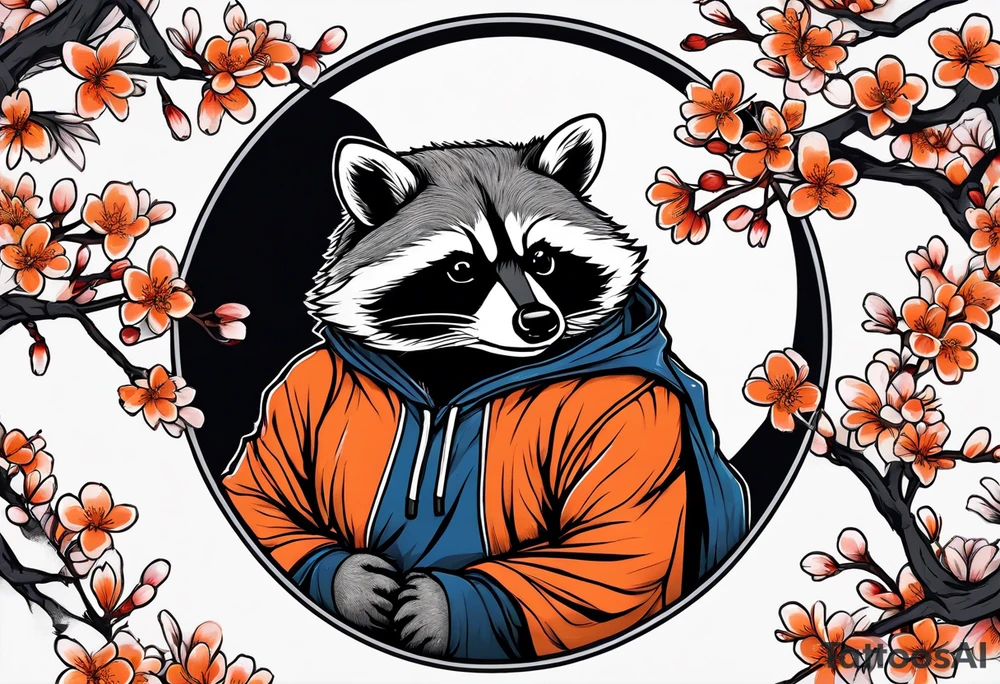 raccoon wearing a black and white Superman hoodie and orange Japanese cherry blossoms tattoo idea