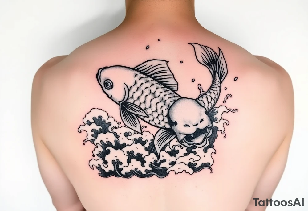 traditional koi fish swimming upstream through turbulent waves tattoo idea