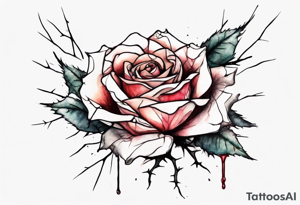 a bleeding watercolor rose, with a crown of thorns as the stem, simple, one line tattoo idea