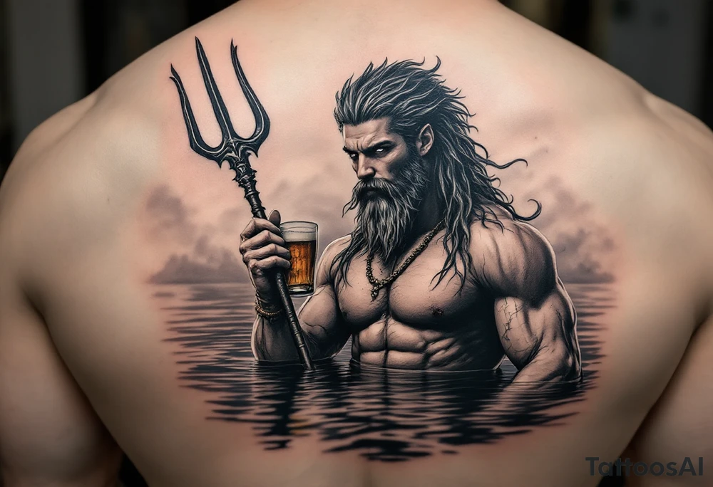 young, fit poseidon in calm water, holding a trident, holding a beer, looking at you tattoo idea