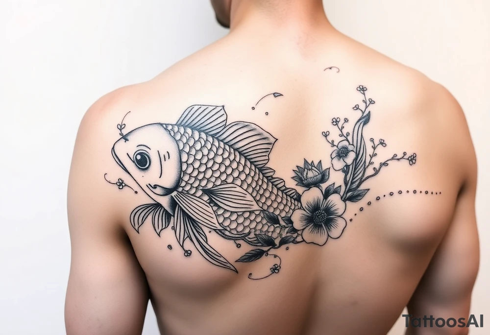 I would make one koi fish with waves, cliffs and sakura then on the upper arm tattoo idea