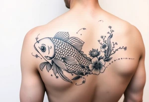 I would make one koi fish with waves, cliffs and sakura then on the upper arm tattoo idea