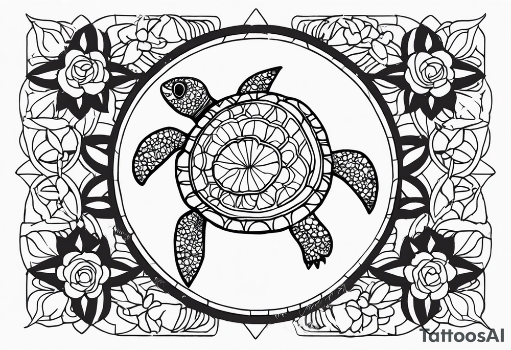 Com flores, tartaruga, mar e sol tattoo idea