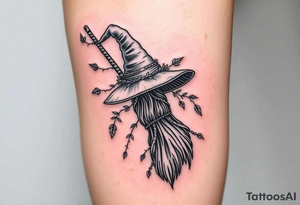 Which is broom with a witches hat with vines and feathers on your leg tattoo idea