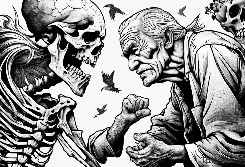 old man in cloake fighting with a skeleton tattoo idea