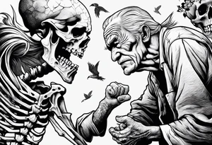 old man in cloake fighting with a skeleton tattoo idea