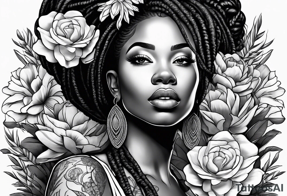 Black woman with locs and flowers tattoo idea