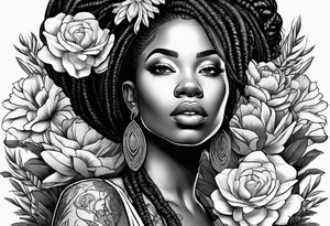 Black woman with locs and flowers tattoo idea