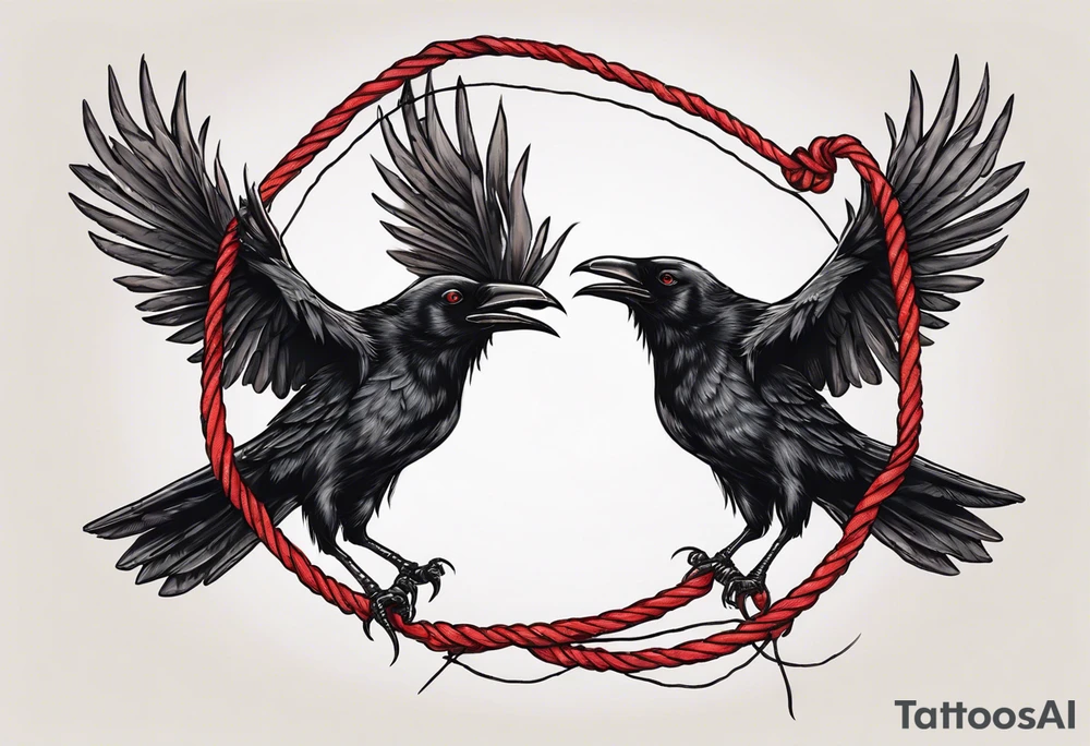 Two black crows flying into the sunset as they carry one long red string between them. tattoo idea