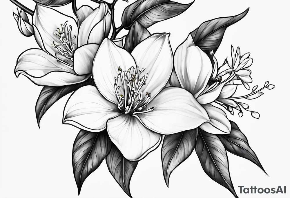 Shoulder and collarbone tattoo of a vibe of night-blooming Jasmine with a bat hanging from one of the stems tattoo idea