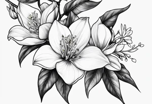 Shoulder and collarbone tattoo of a vibe of night-blooming Jasmine with a bat hanging from one of the stems tattoo idea