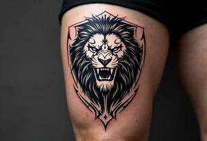 A Czech lion roaring inside a shield, with bold black lines and a distressed texture, evoking medieval heraldry. tattoo idea