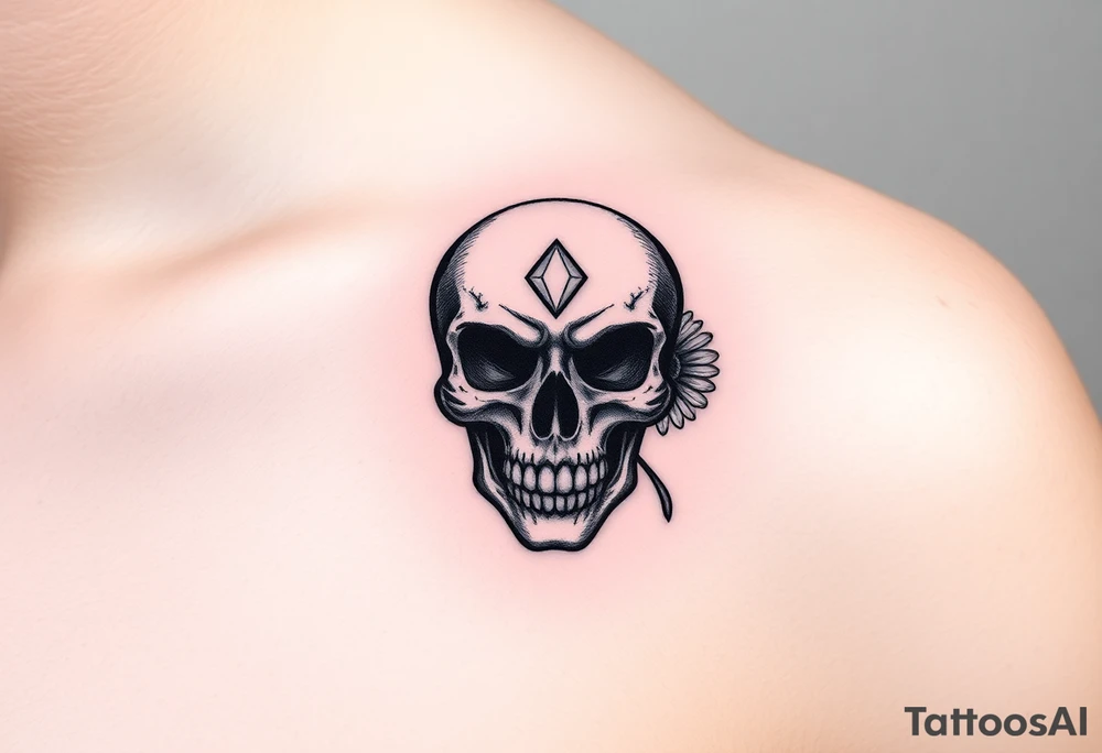 Masculine skull with a diamond and daisy tattoo idea