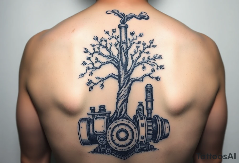 tree growing out of a v shaped engine with lots of pipes, guages and steam around the engine 
 with a smoke stack coming out of the top of the tree that has several little branches with leaves on it 
 billowing black smoke with a steam punk vibe tattoo idea